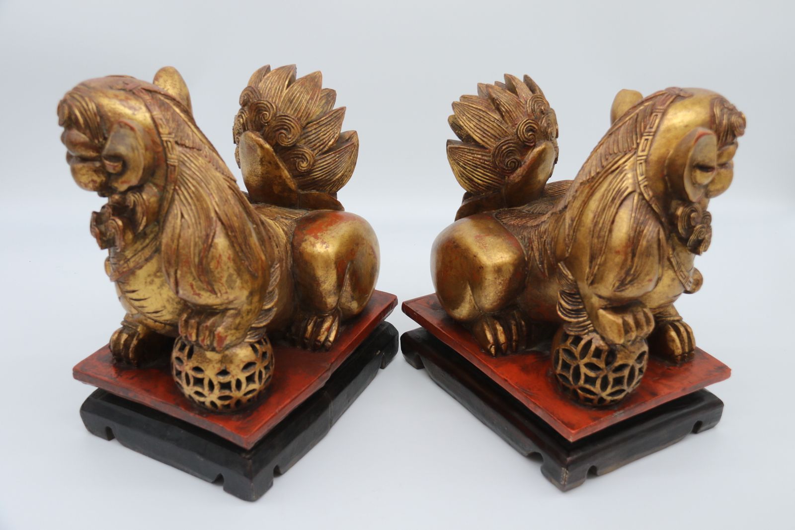 A Highly Decorative Pair Of Carved Gilt Wood And Lacquer Chinese Buddhist Lions Circa 1900 photo buy