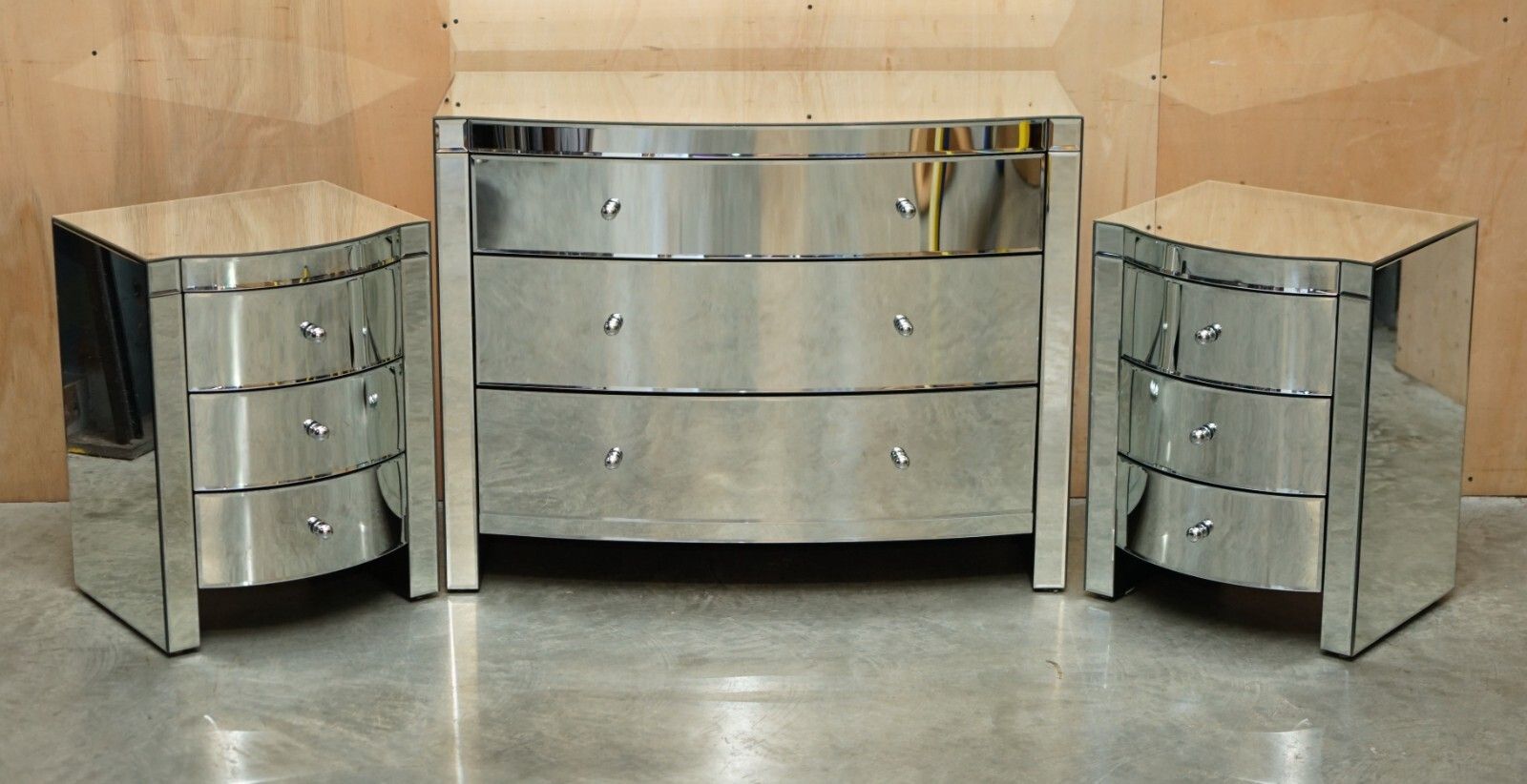 Suite Of Bow Fronted Mirrored Glass Chest Of Drawers With Pair Of Side Tables