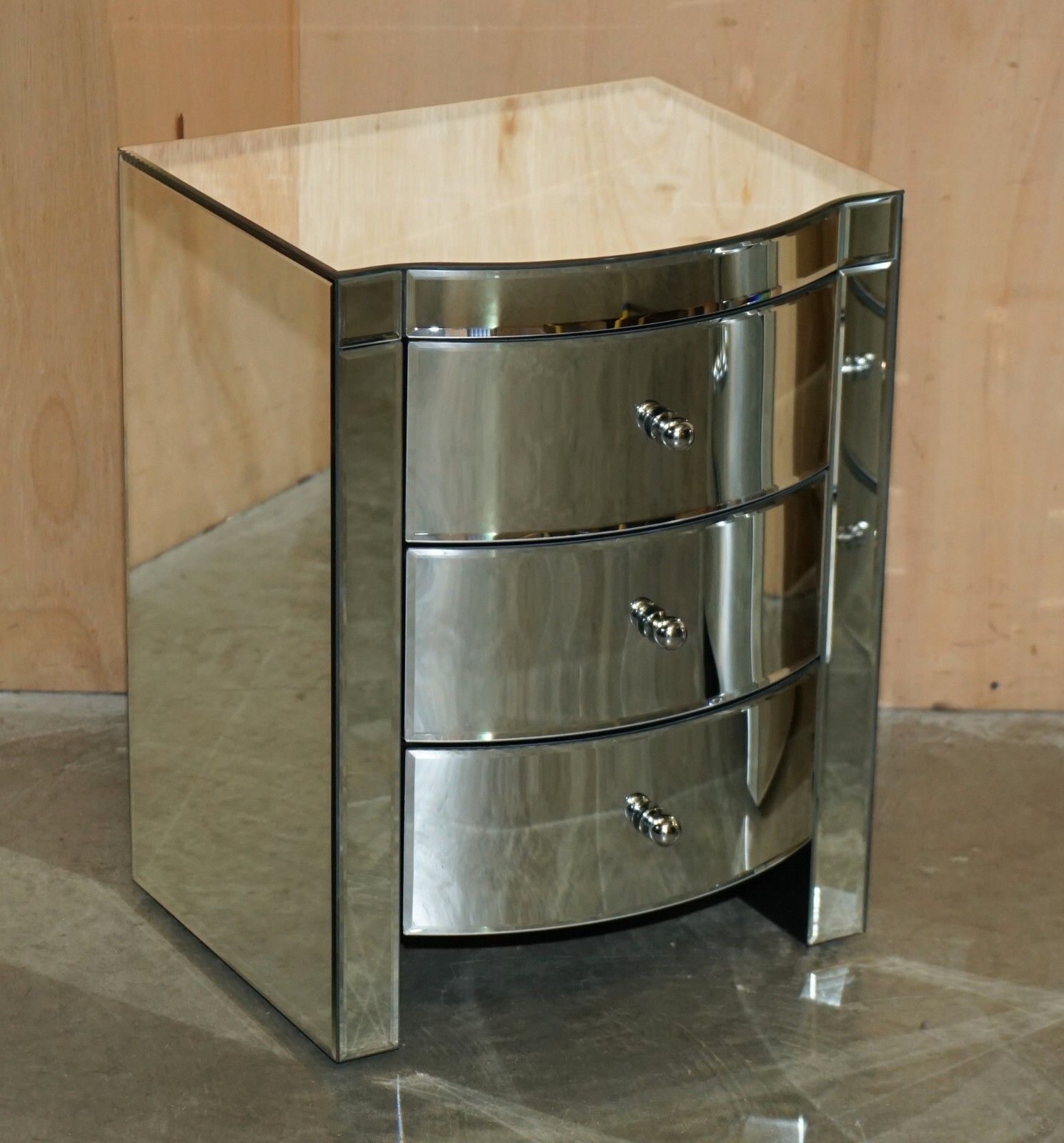 photo buy Suite Of Bow Fronted Mirrored Glass Chest Of Drawers With Pair Of Side Tables