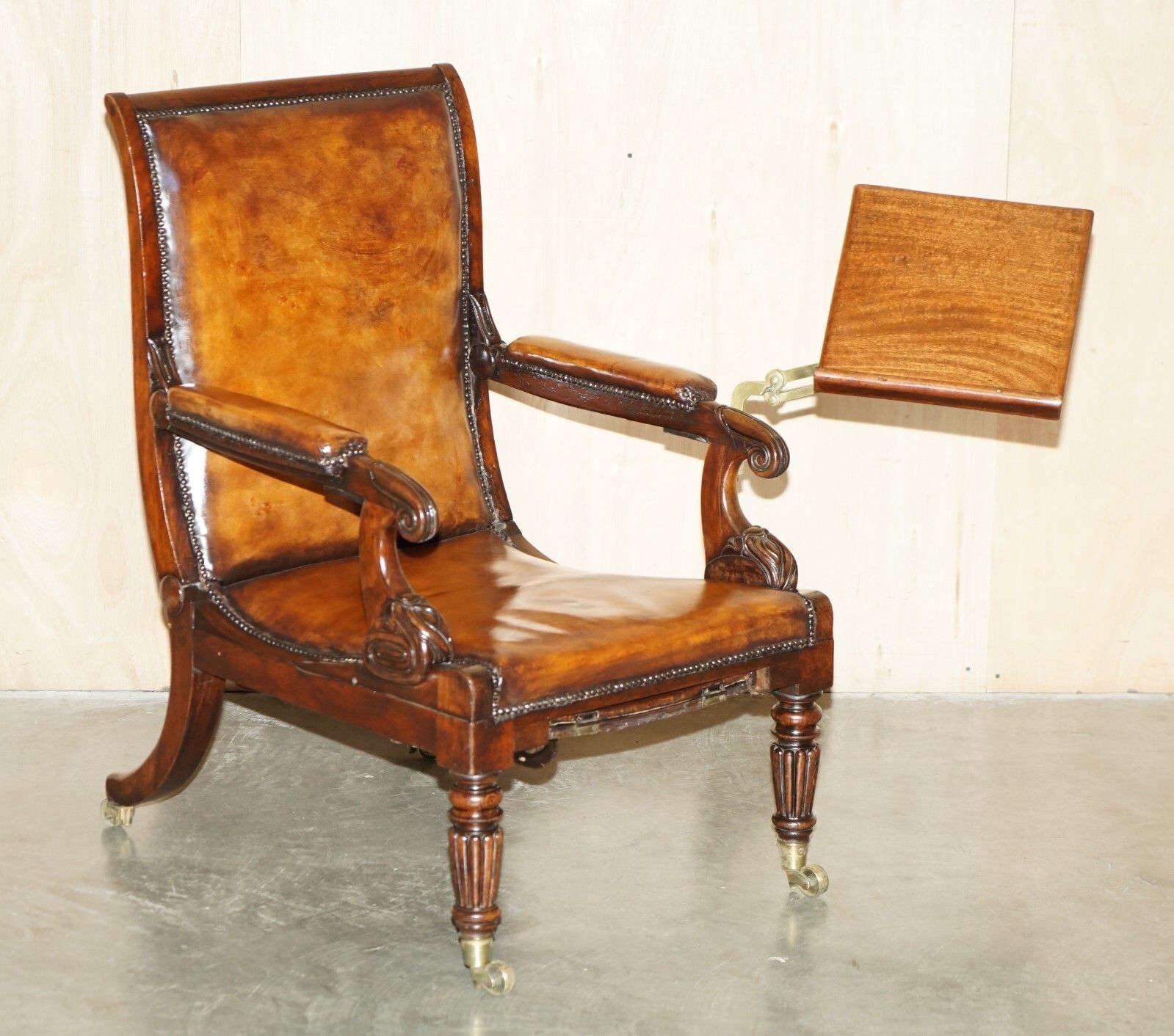 Original Antique Robert Daws Rosewood Brown Leather Reclining Library Armchair photo furniture