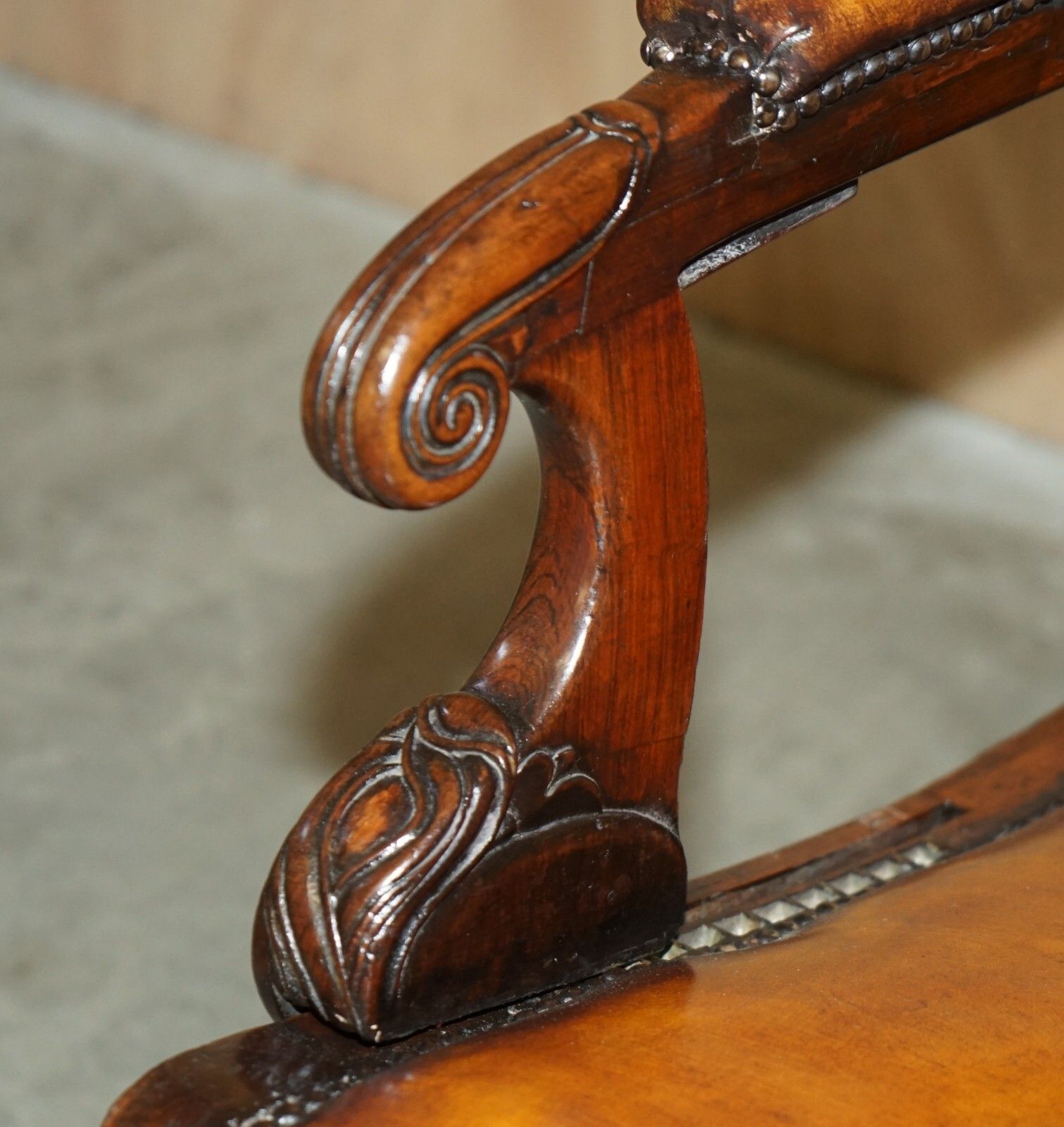 Original Antique Robert Daws Rosewood Brown Leather Reclining Library Armchair photo vintage