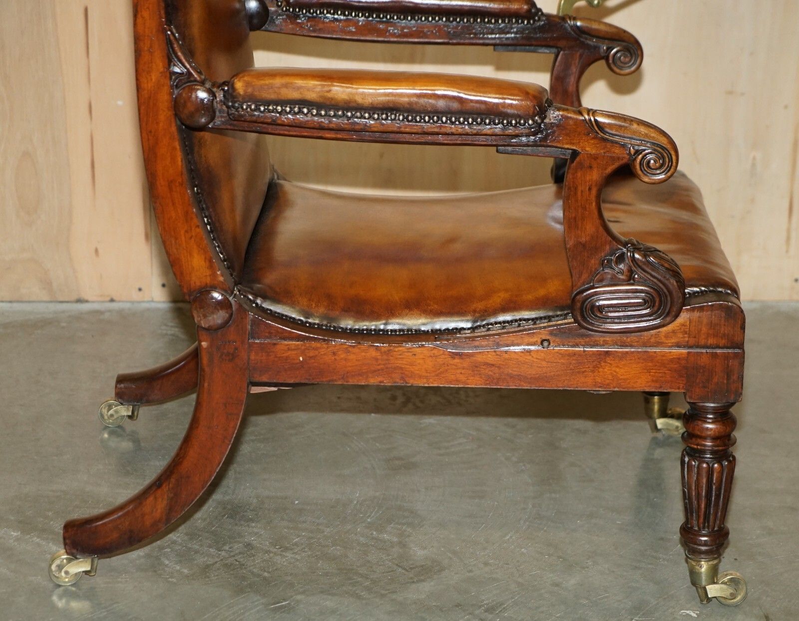photo vinterior Original Antique Robert Daws Rosewood Brown Leather Reclining Library Armchair