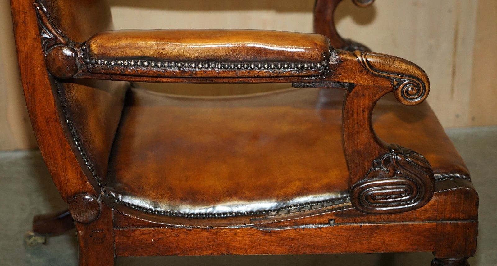 photo vintage Original Antique Robert Daws Rosewood Brown Leather Reclining Library Armchair
