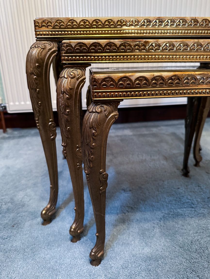 Three Nested Louis XV Style In Green Yellow Onyx With Brass French Legs photo furniture