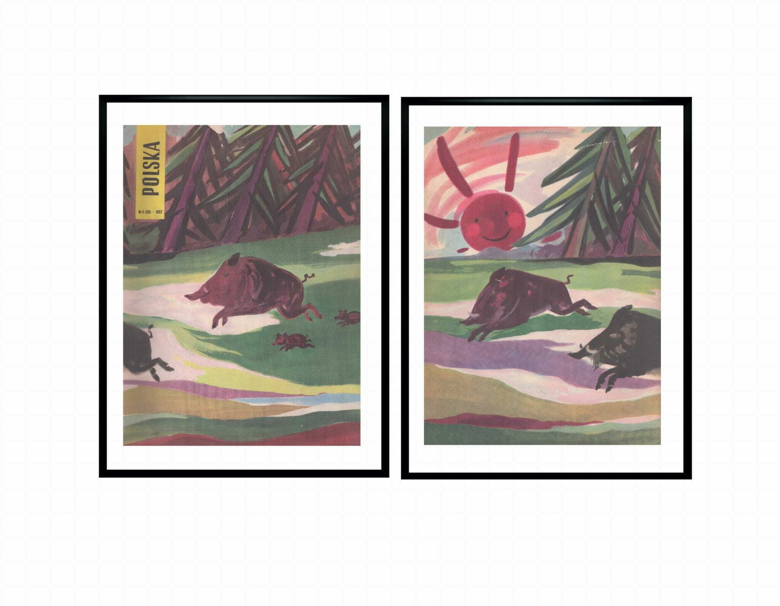Two Framed Covers Of Polska Magazine, "Dzik", Author. Henryk Chmielewski, 1957