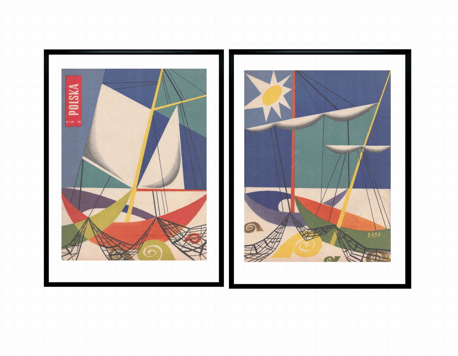 Two Framed Covers Of Polska Magazine, "łódki", Author. Piotr Baro, 1957