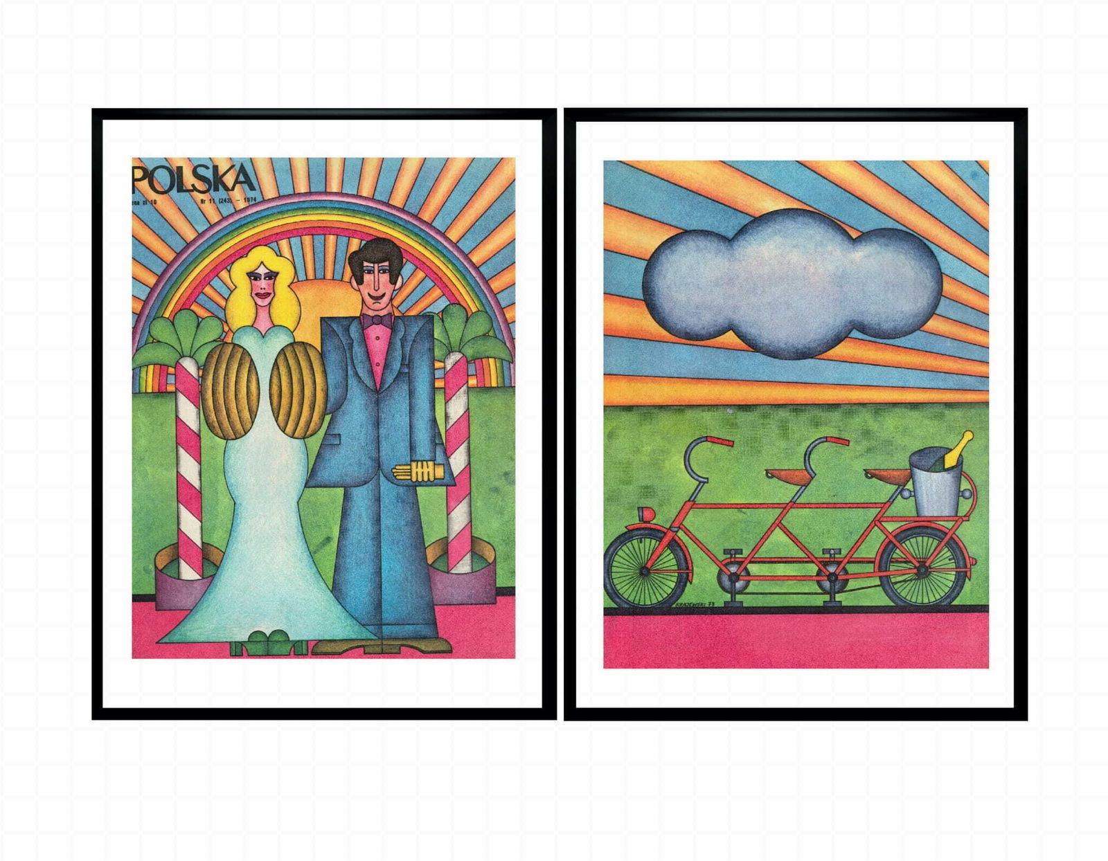 Two Framed Covers Of Polska Magazine, "Tandem" By Car. Andrzej Krajewski 1974 photo furniture