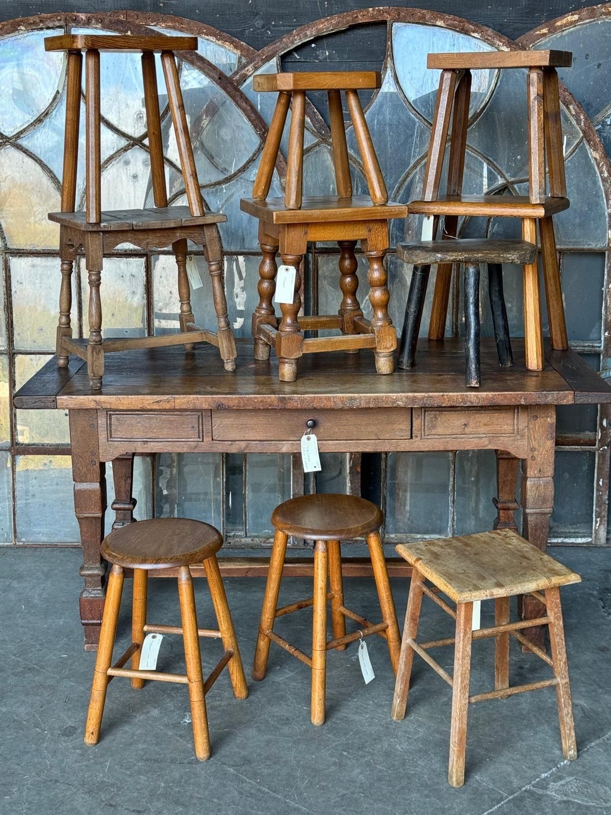 Collection Of 10 Antique Stools For Farmhouse Tables