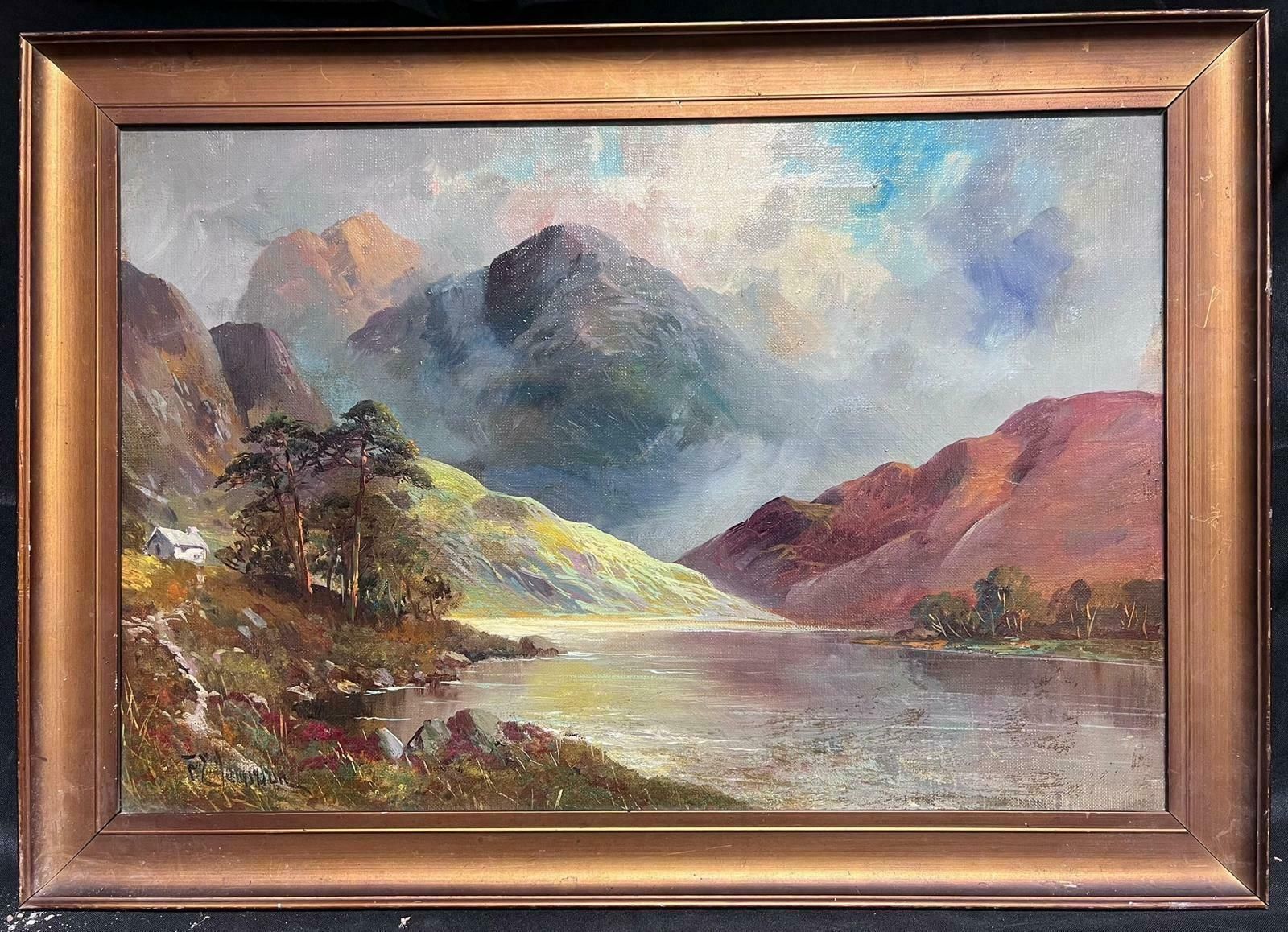 F. E. Jamiesonantique Scottish Highland Landscape Signed Oil Painting Loch In Mountains photo furniture