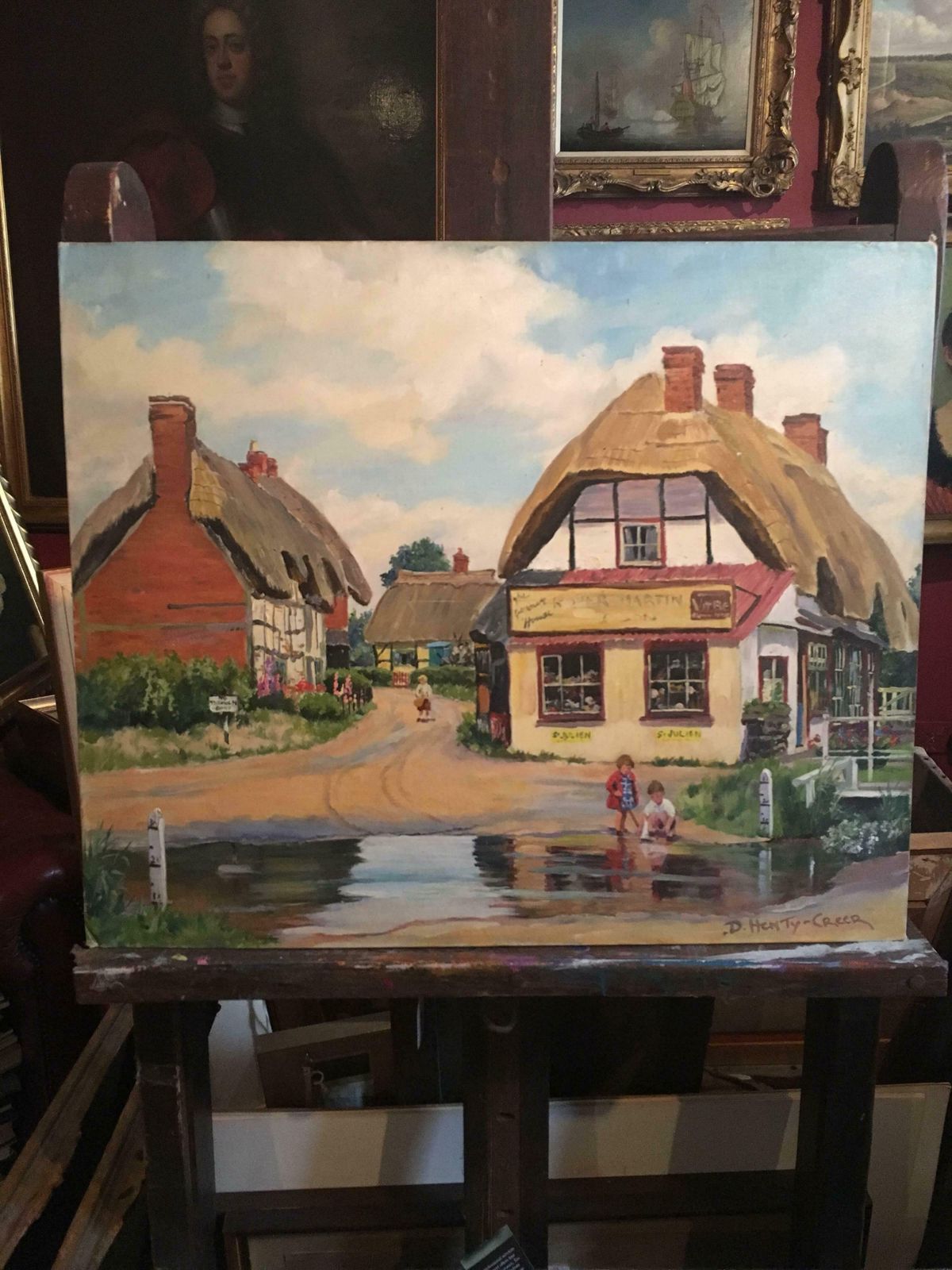 Deidre Henty Creerthe English Village Kings Somborne, River Ford Hampshire   Oil Paintingc. 1960's photo furniture