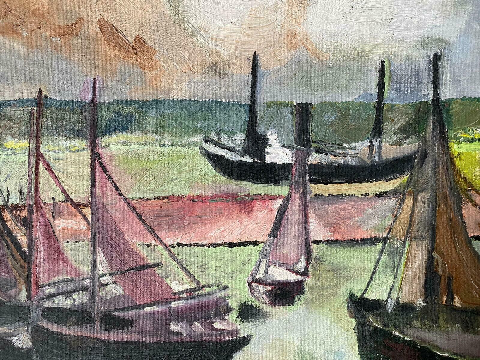 Unknownvintage French 1970's Oil   Fishing Boats In Old Harbour   Blue/Green Colours20th Century photo Art