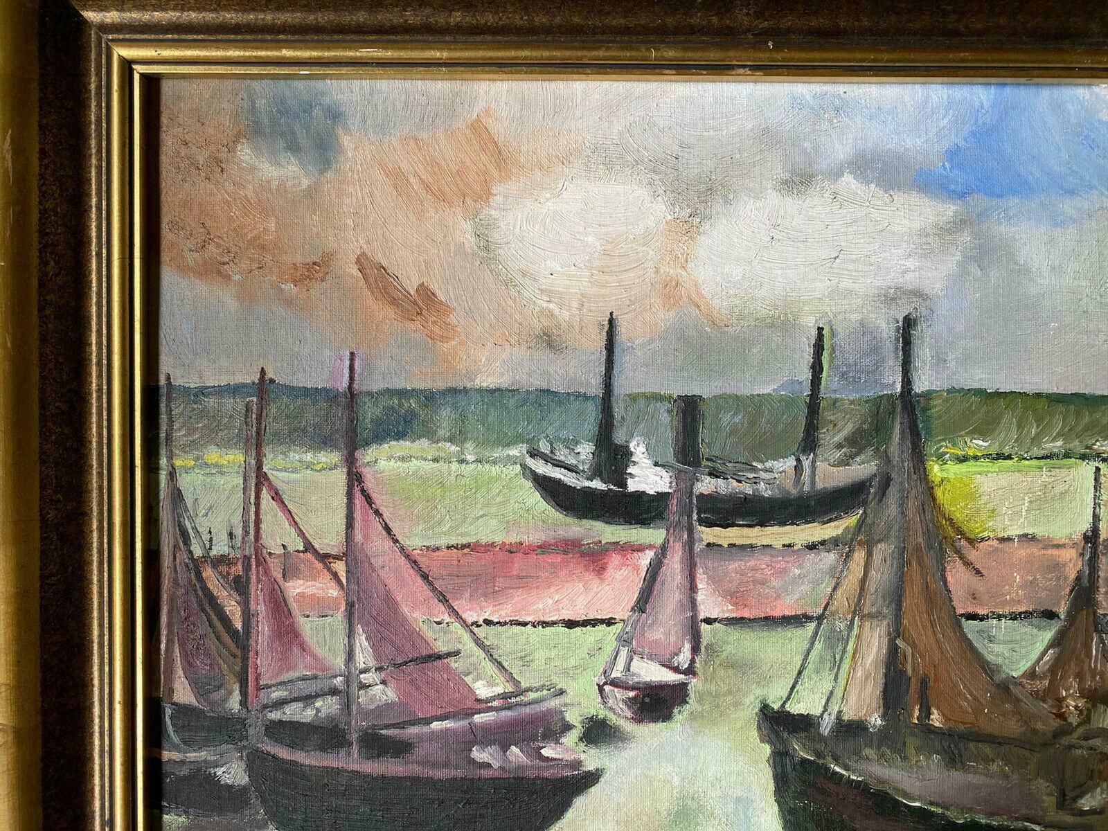Unknownvintage French 1970's Oil   Fishing Boats In Old Harbour   Blue/Green Colours20th Century photo buy