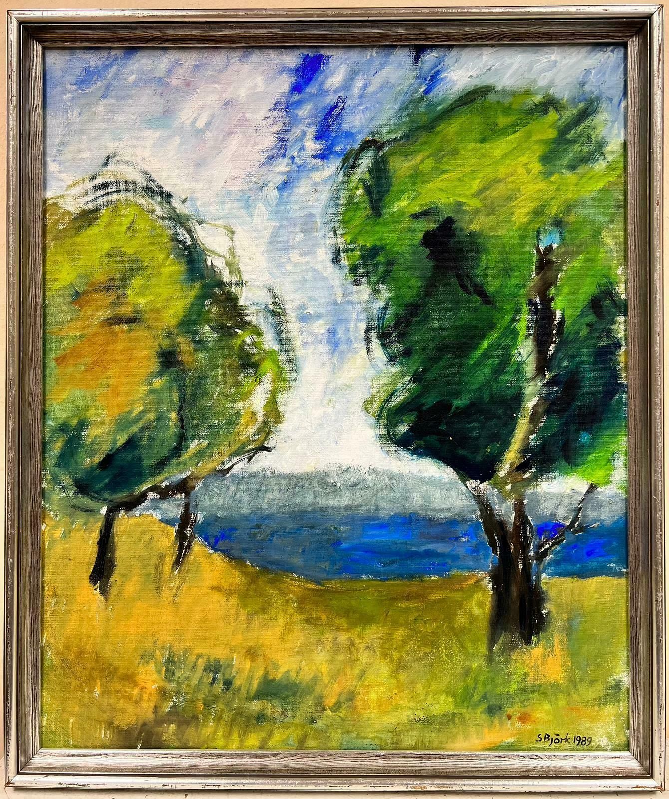 Swedish Impressionistgreen Trees In Coastal Landscape Signed Swedish Oil Painting On Canvasc. 1989 photo furniture