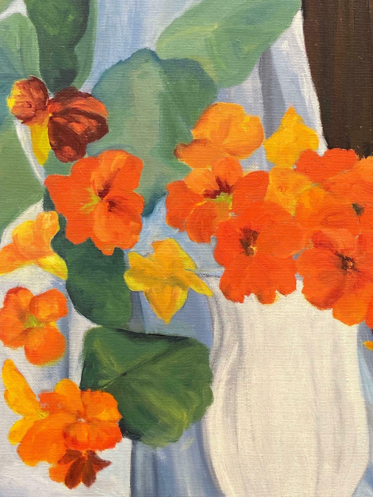 1970's Frenchorange & Green Flowers & Plants Interior Scene French Oil Painting photo 786.0
