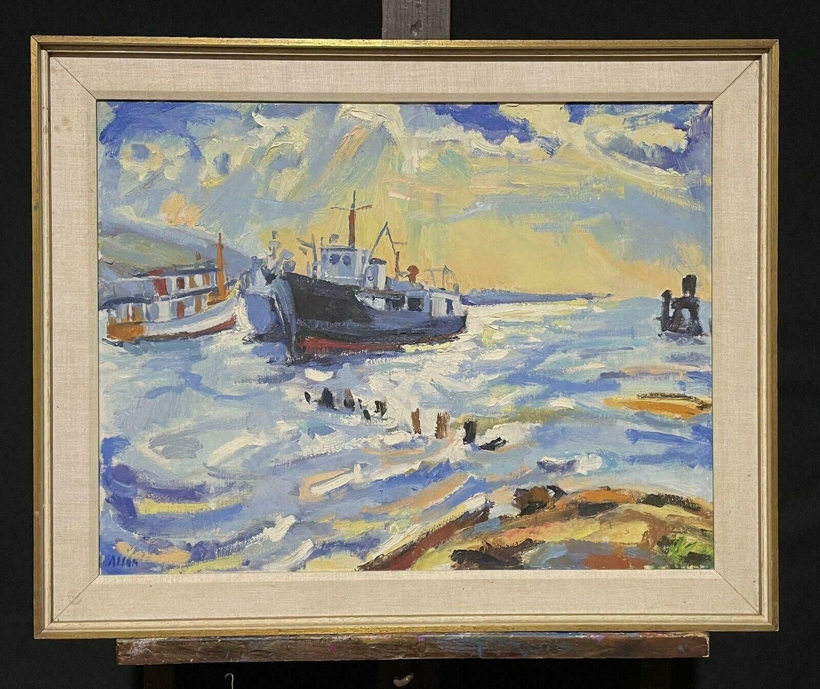 Douglas Stuart Allenlarge Chicago Impressionist Oil Painting Fishing Boats Choppy Seas Harbour20th Century photo furniture