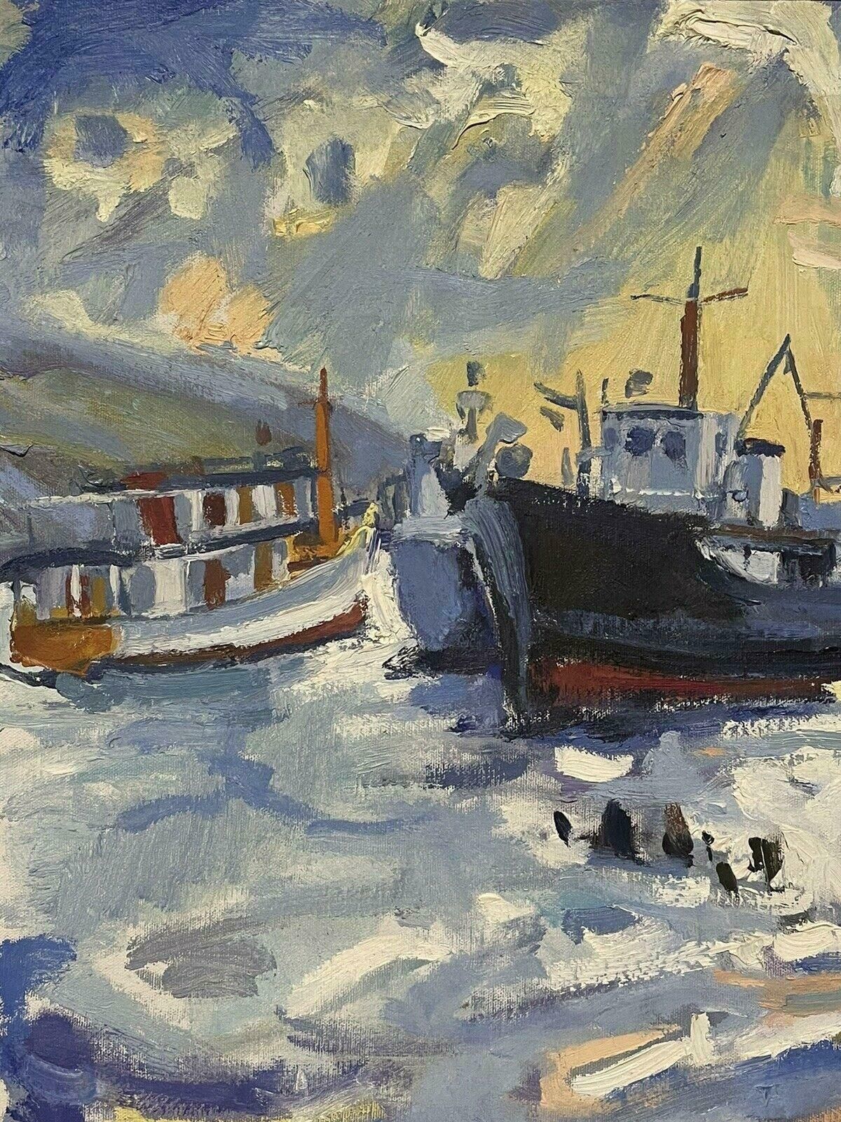 Douglas Stuart Allenlarge Chicago Impressionist Oil Painting Fishing Boats Choppy Seas Harbour20th Century photo for sale