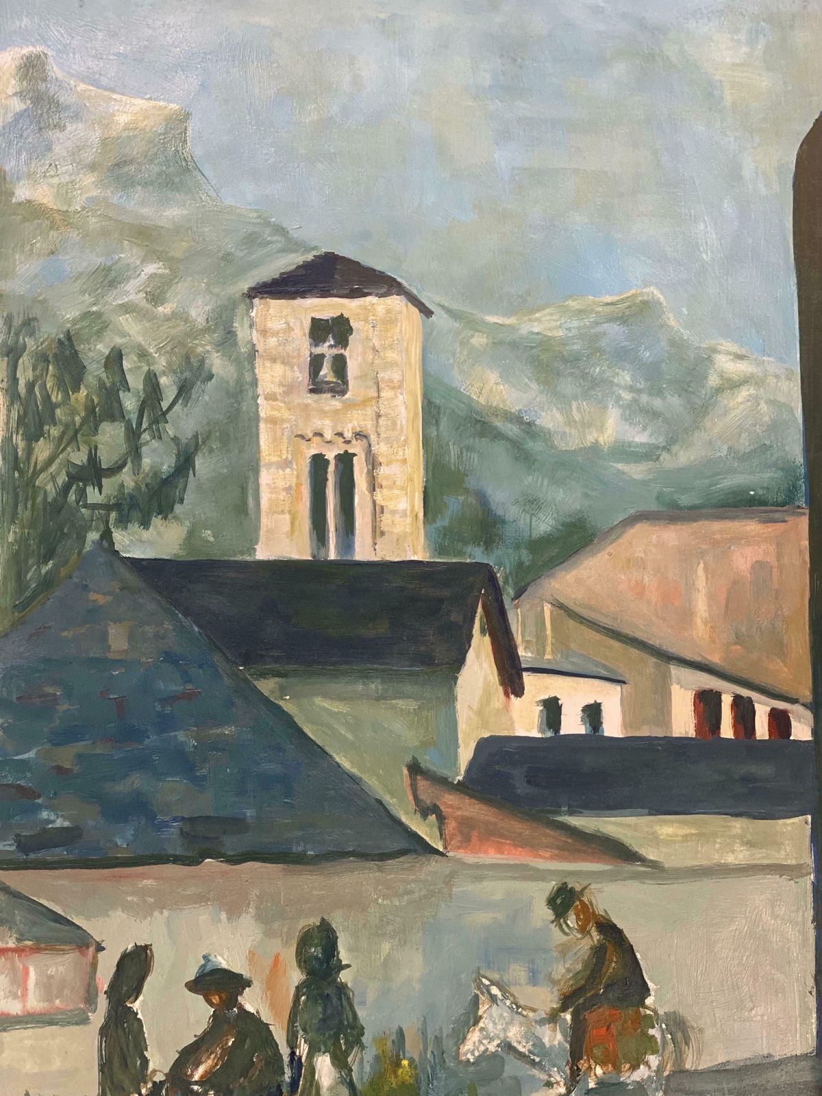 Bernard Labbe1950's Modernist Painting     Bright Blue Town Landscape With Horse And Figures1950's photo furniture