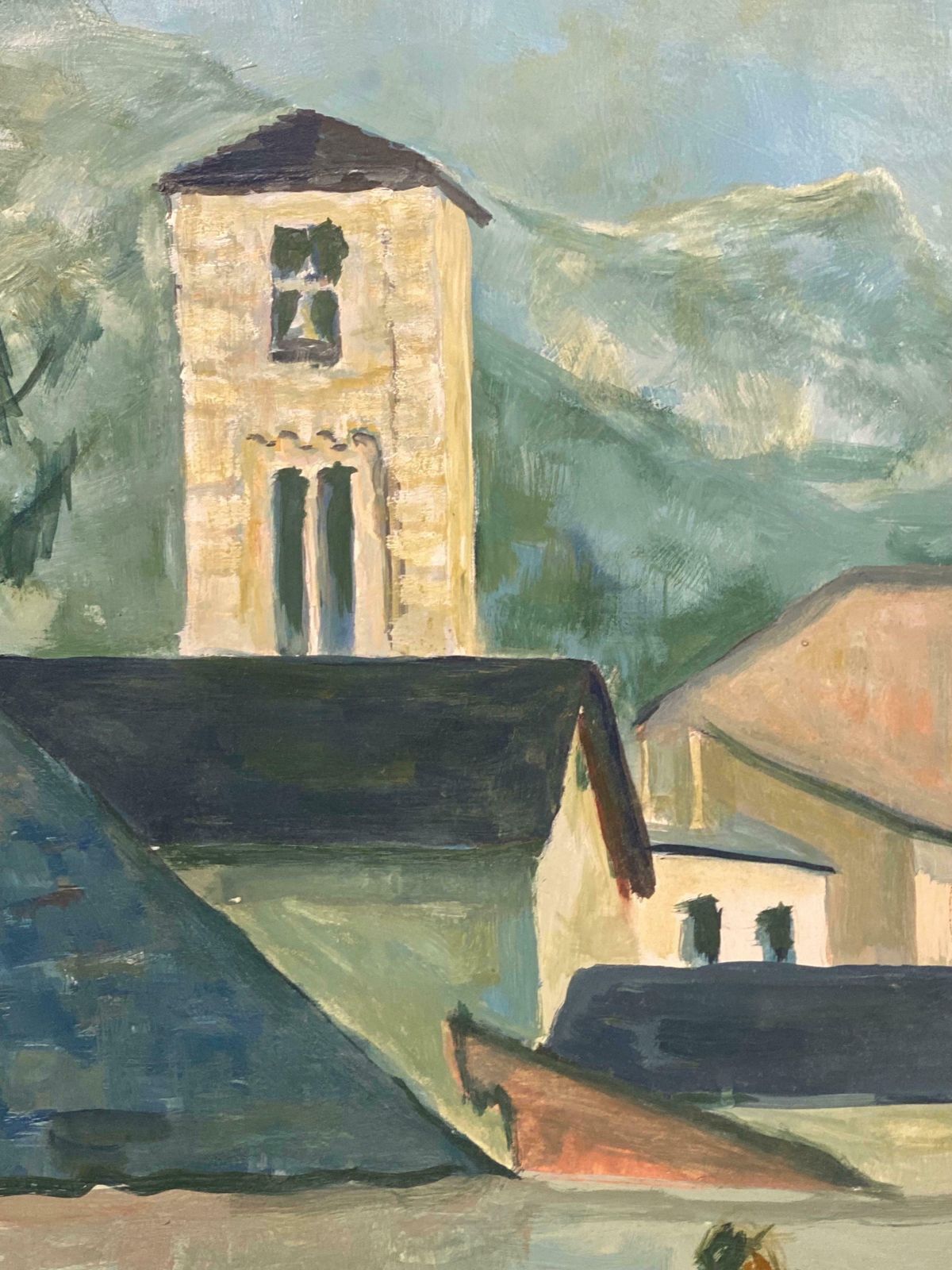 Bernard Labbe1950's Modernist Painting     Bright Blue Town Landscape With Horse And Figures1950's photo 608.0
