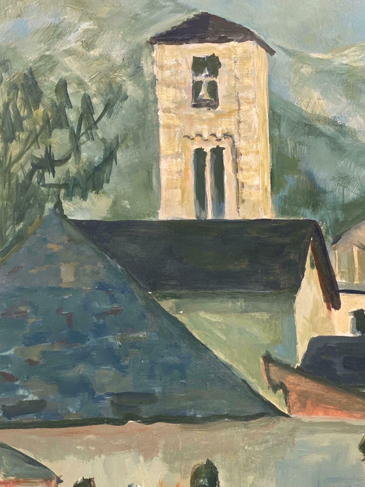 Bernard Labbe1950's Modernist Painting     Bright Blue Town Landscape With Horse And Figures1950's photo vinterior