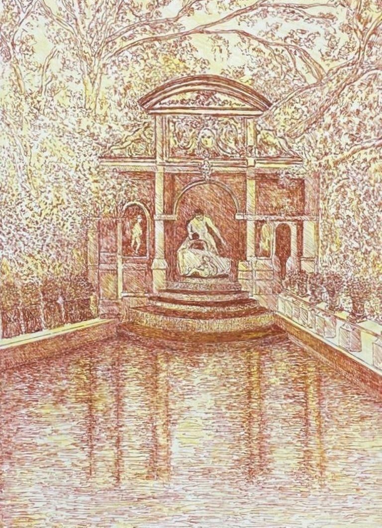 Bernard Labbe1950's Signed Modernist Painting    Fine Drawing Of Historic Fountain1950's