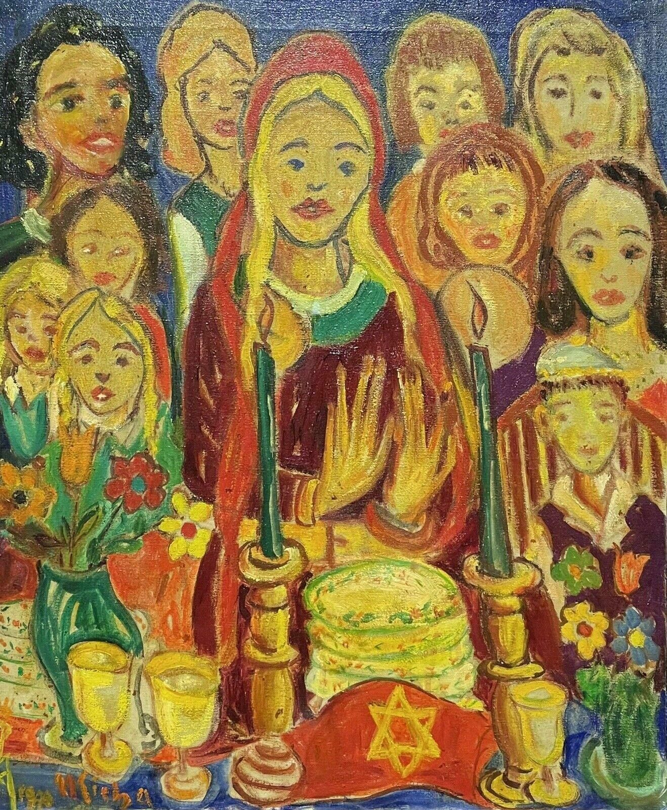 French Schoollarge French Figurative Modernist Signed Oil Painting, Many Figures
