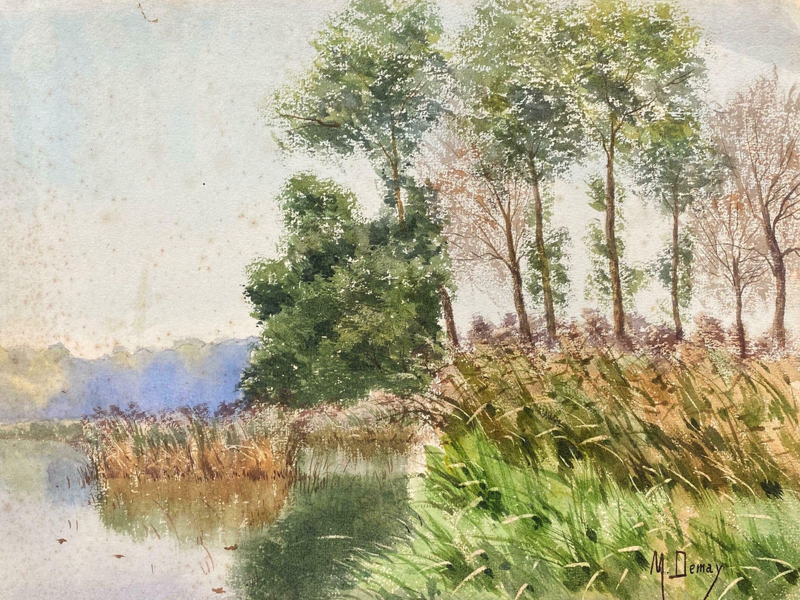 French Impressionistsigned Bright French Impressionist Watercolour Wispy Willow Trees River Landscap