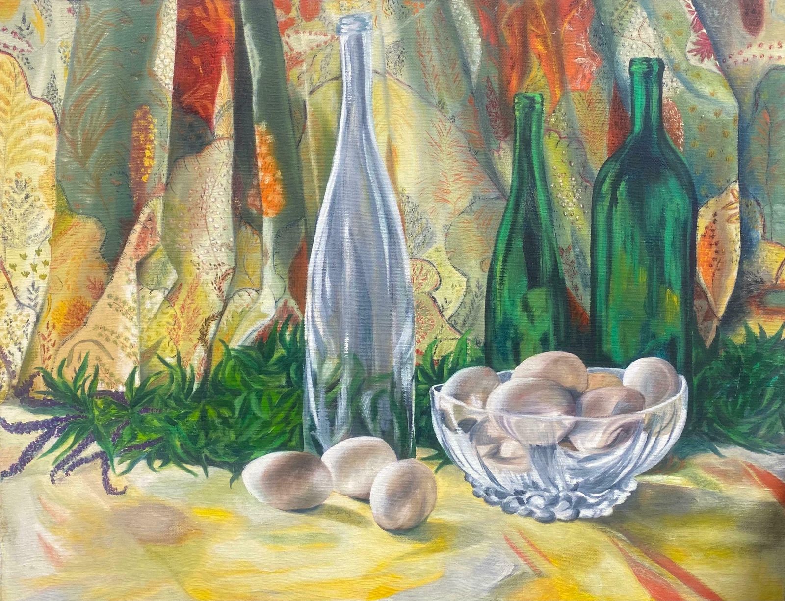 1970's French Large 1970's French Still Life Oil Painting Green Bottles Interior Scenec. 1970's