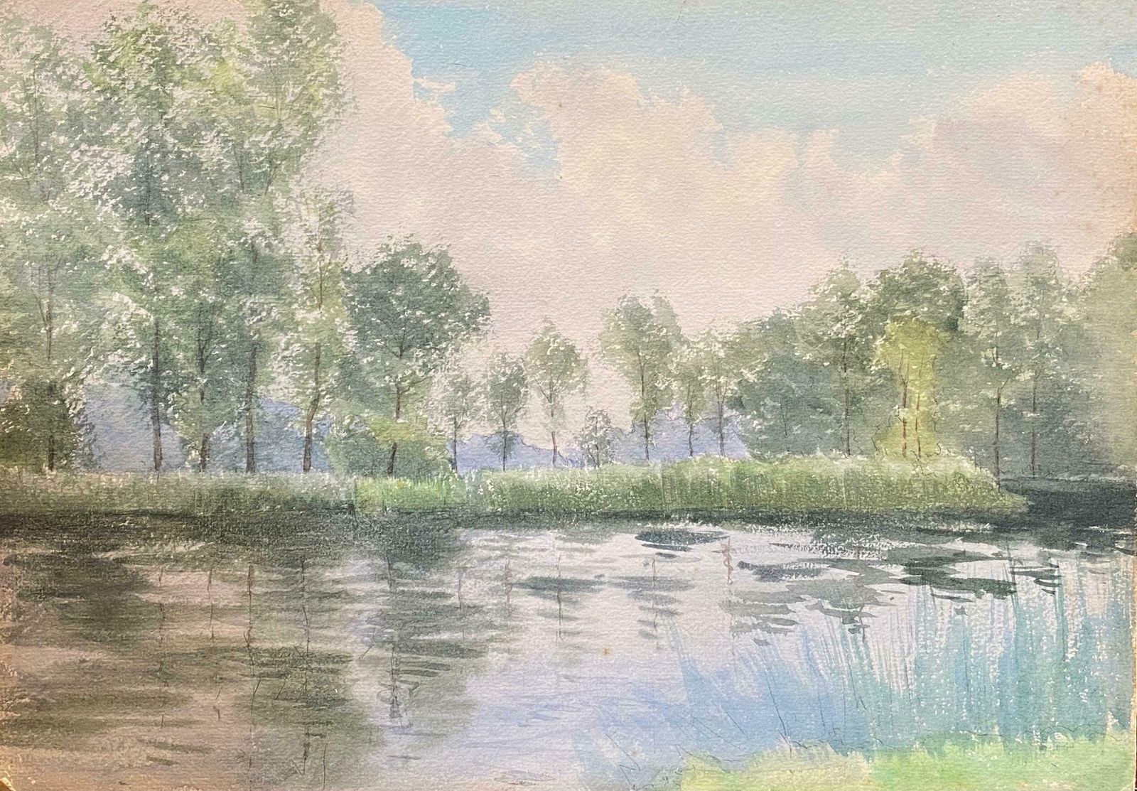 French Impressionistbright French Impressionist Antique Painting   Willow Trees By The River