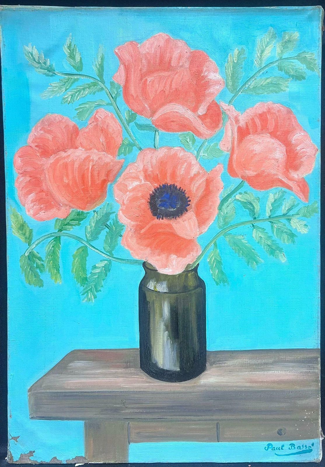 French Schoolvintage French Signed Oil Painting Red Poppies In Vase photo furniture