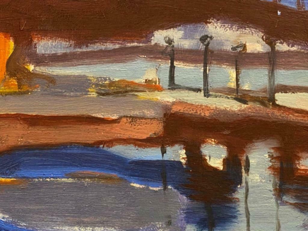 Elisabeth Hahn20th Century German Modernist Oil Painting River & Town At Dusk20th Century photo furniture