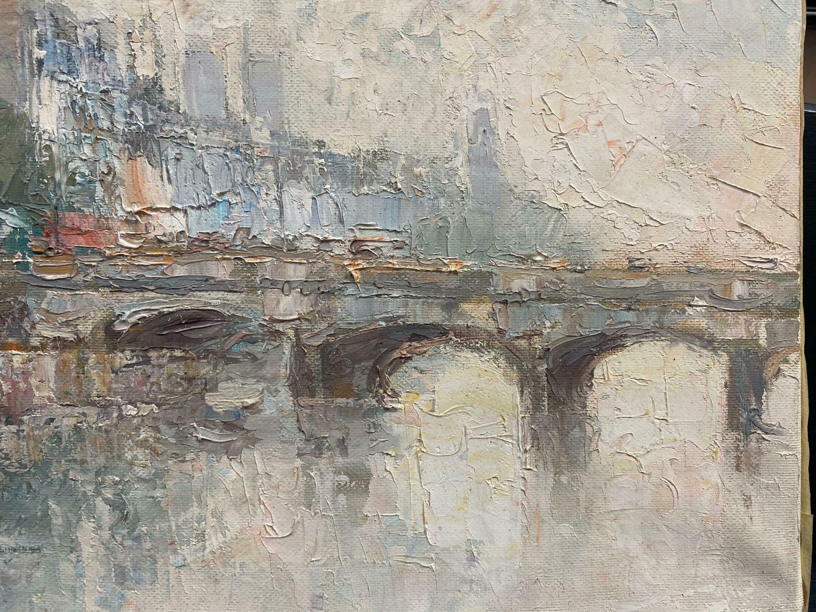 1970's Frenchpont Neuf Paris Misty River Seine Scene, French Expressionist Signed Oil photo Art