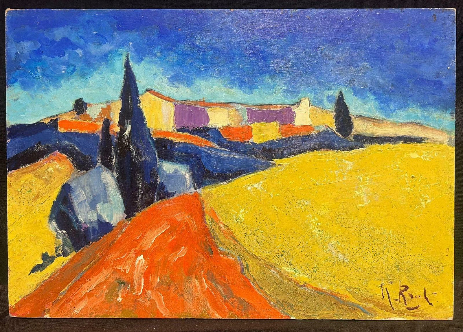 French Schoolmid 20th Century French Cubist Abstract Signed Oil Golden Fields Provence photo furniture