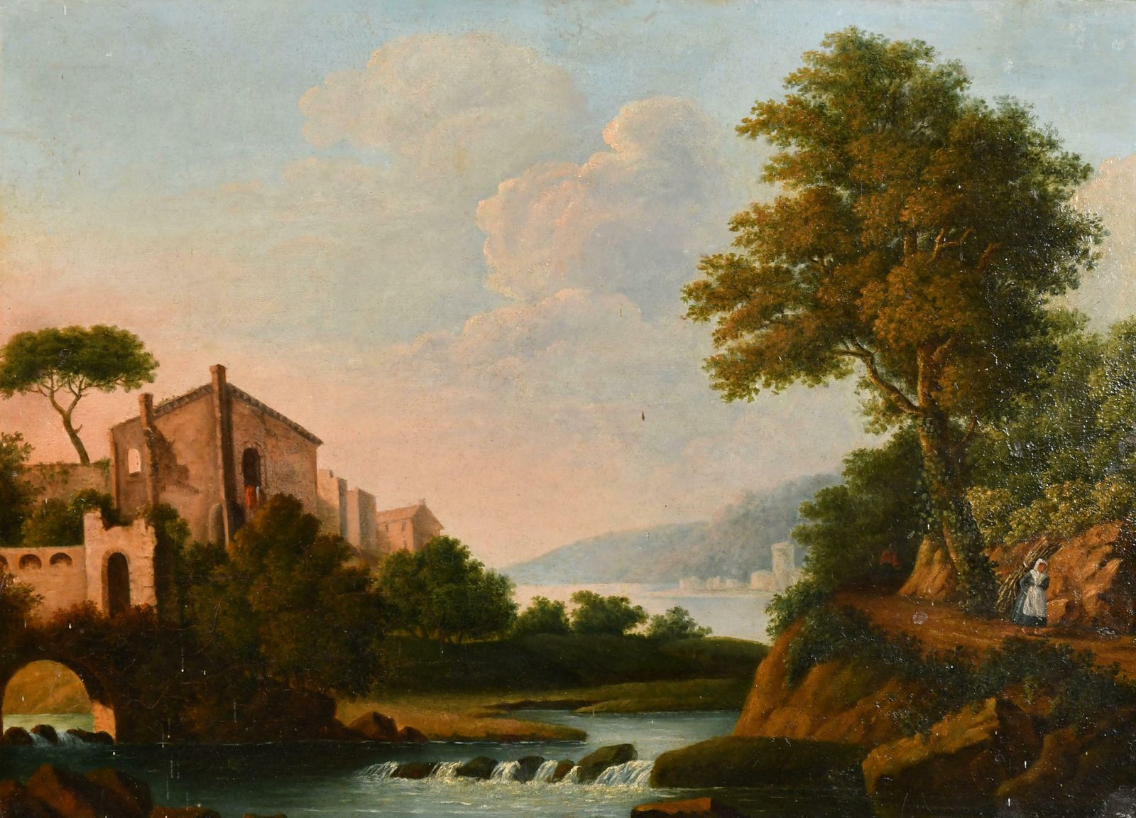 1800's Italianearly 1800's Italian Oil Painting Romantic Light Landscape Figure By River
