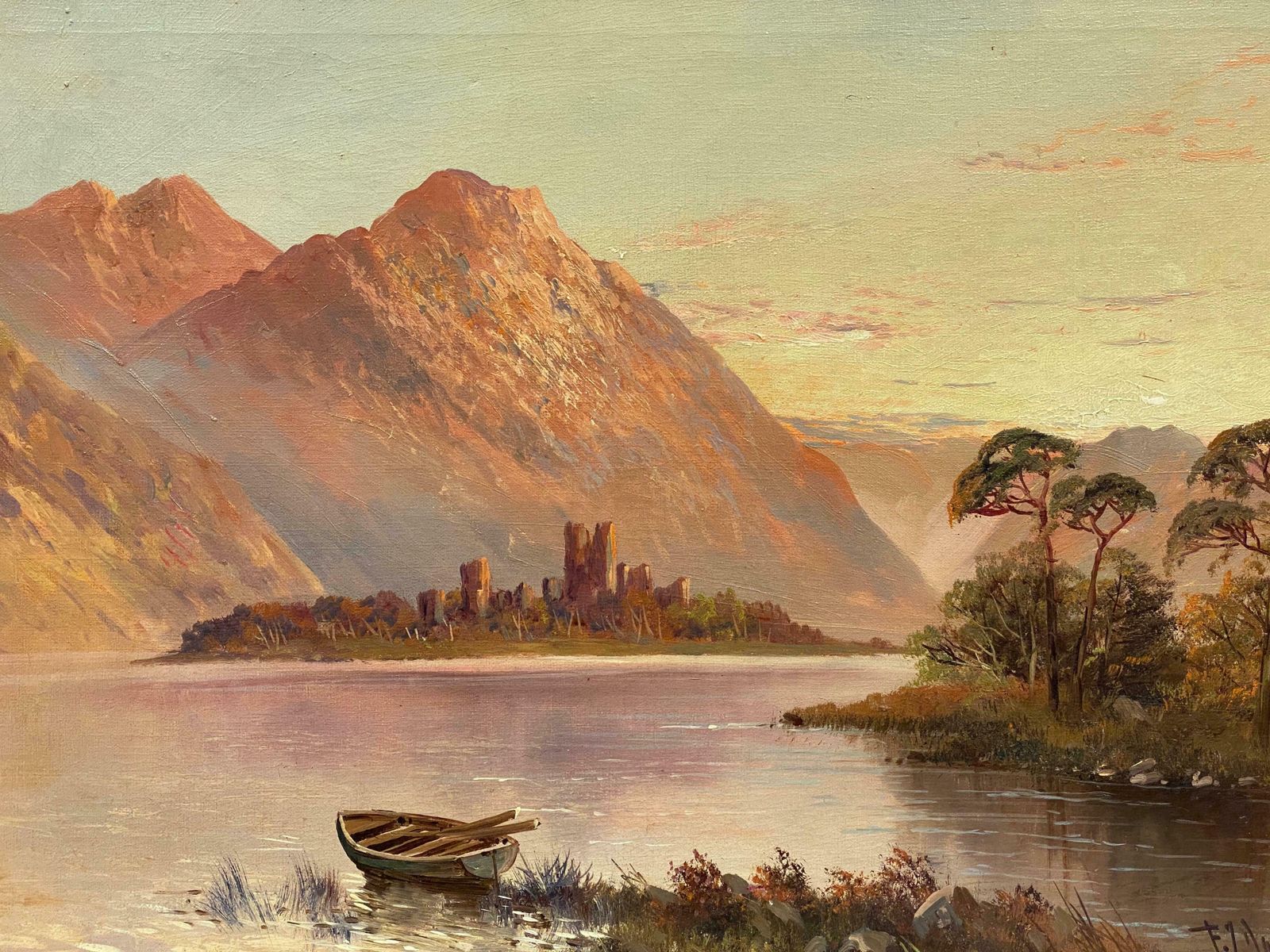Francis E. Jamiesonkilchurn Castle Loch Awe, Antique Scottish Highlands Sunset Framed Oil Painting C.1930's photo for sale