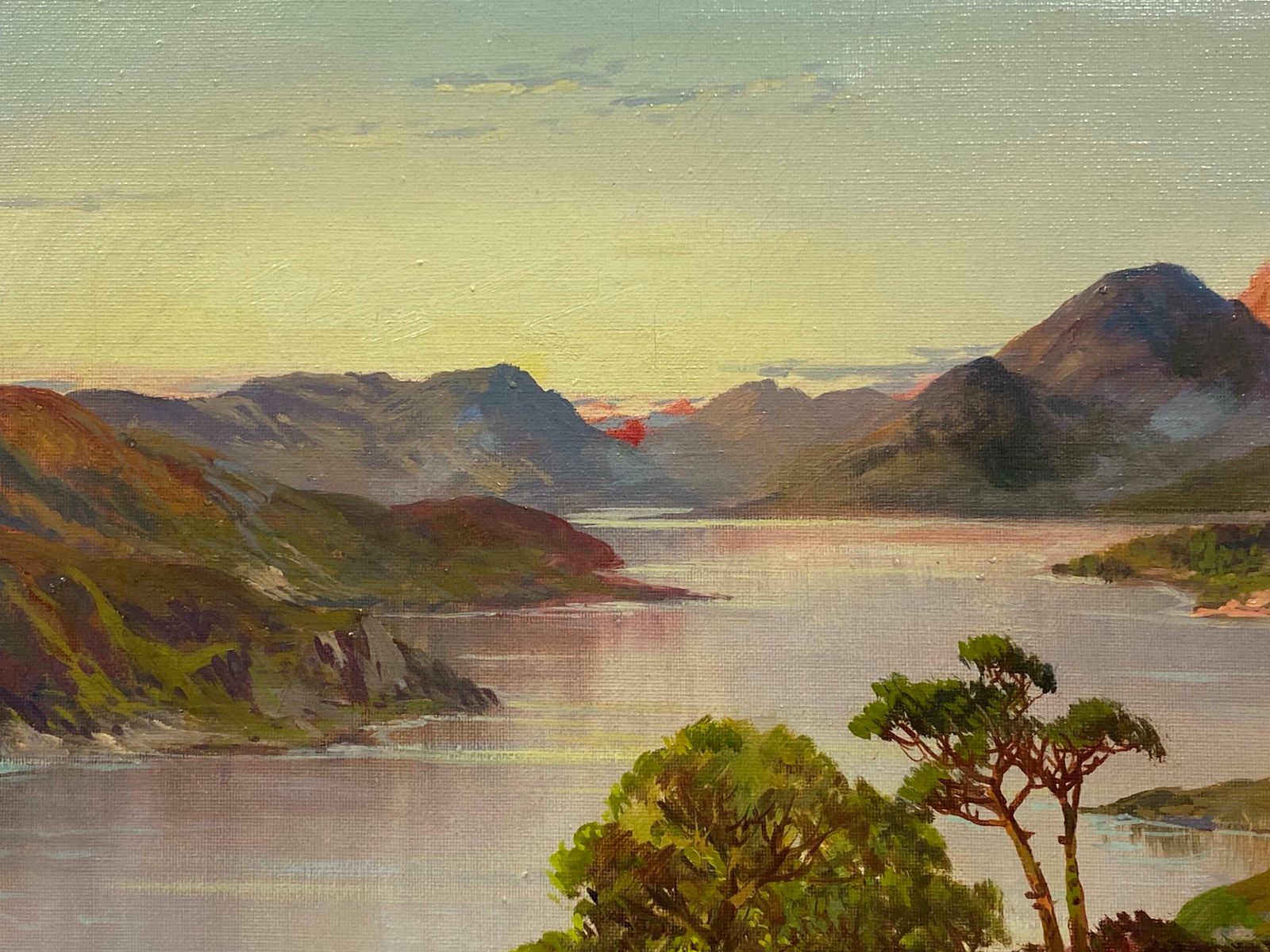 Francis E. Jamiesonantique Scottish Highlands Oil Painting Sunset Over The Mountain Loch Watersc.1920's photo for sale
