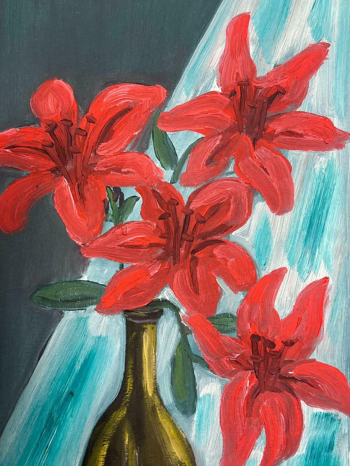 Louise Alixfrench Impressionist Still Life Red Lilies In Green Glass Bottle In Window Sill 1940's photo for sale