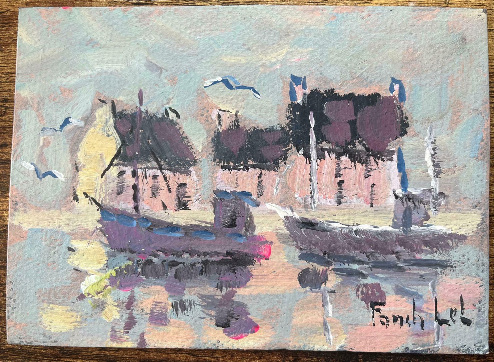 Fanch Lelfrench Impressionist Oil Painting Of "Reflets" French Harbor Scene With Boats2006 photo furniture