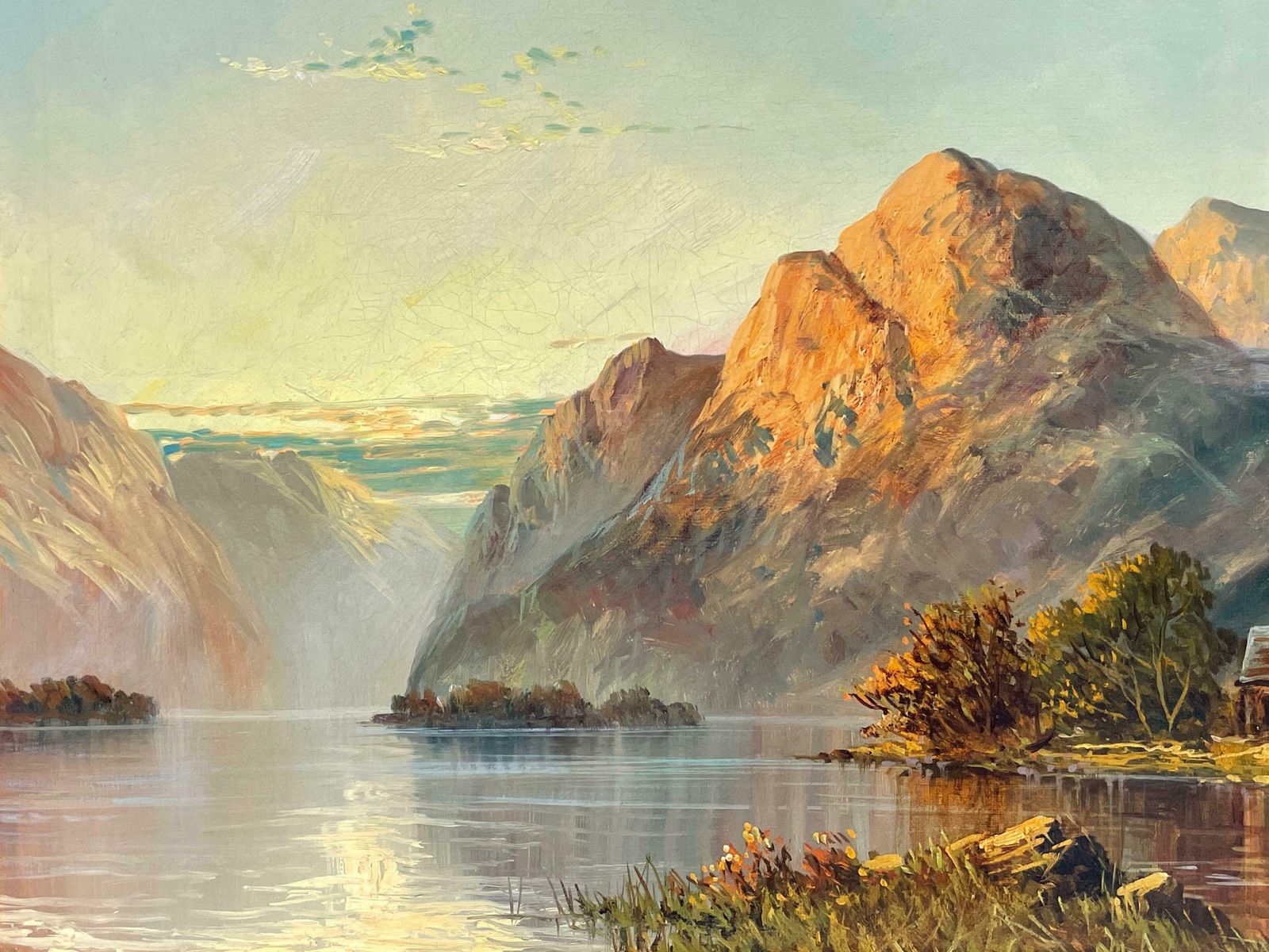 Francis E. Jamiesonantique Scottish Highland Loch Scene At Sunset With Cottage Golden Mountainsc.1930's photo 1889.0