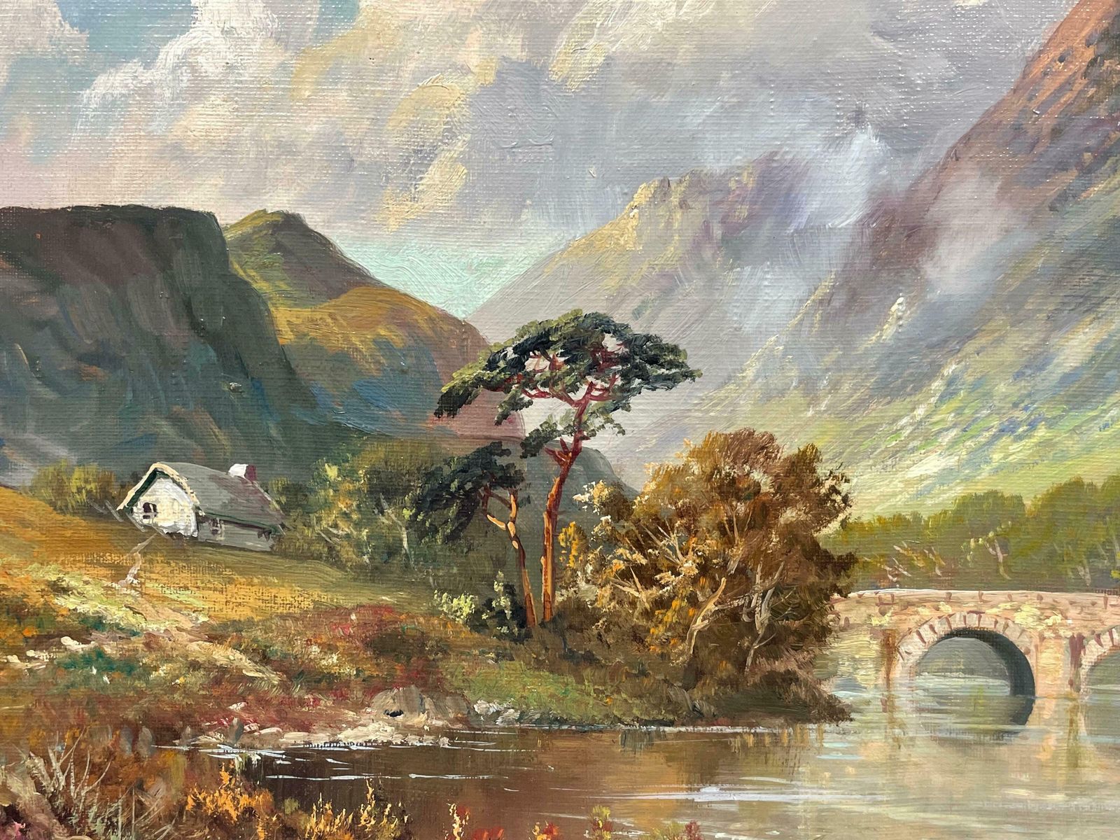 Francis E. Jamiesonantique Scottish Highlands Oil Painting River & Mountains Old Stone Bridgec.1930's photo vinterior