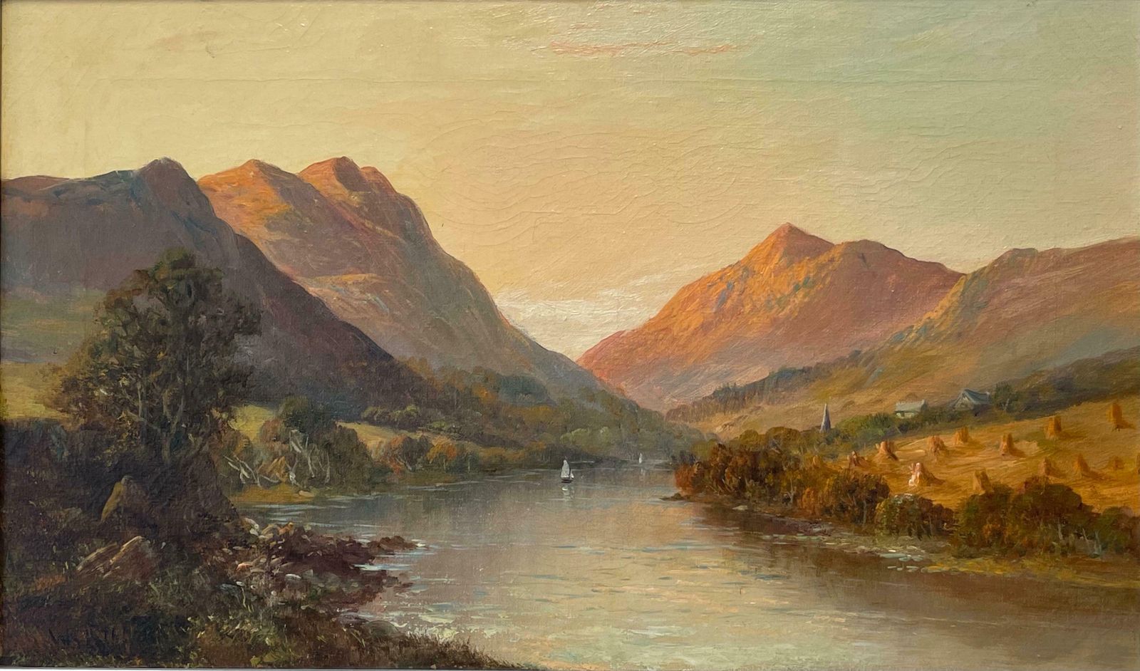 Francis E. Jamiesonantique Scottish Highlands Signed Oil Painting Summer Loch Sunset Harvest Fieldc.1930's photo for sale