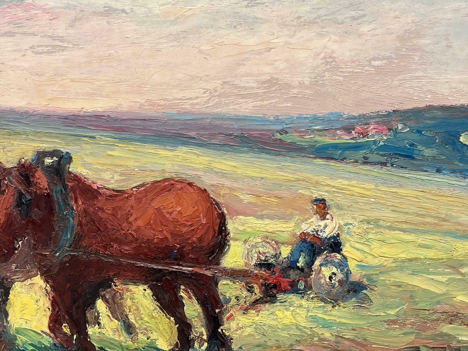 Leon Hatotfrench Oil Painting Two Brown Horses Pulling A Figure Through Green Field photo 735.0