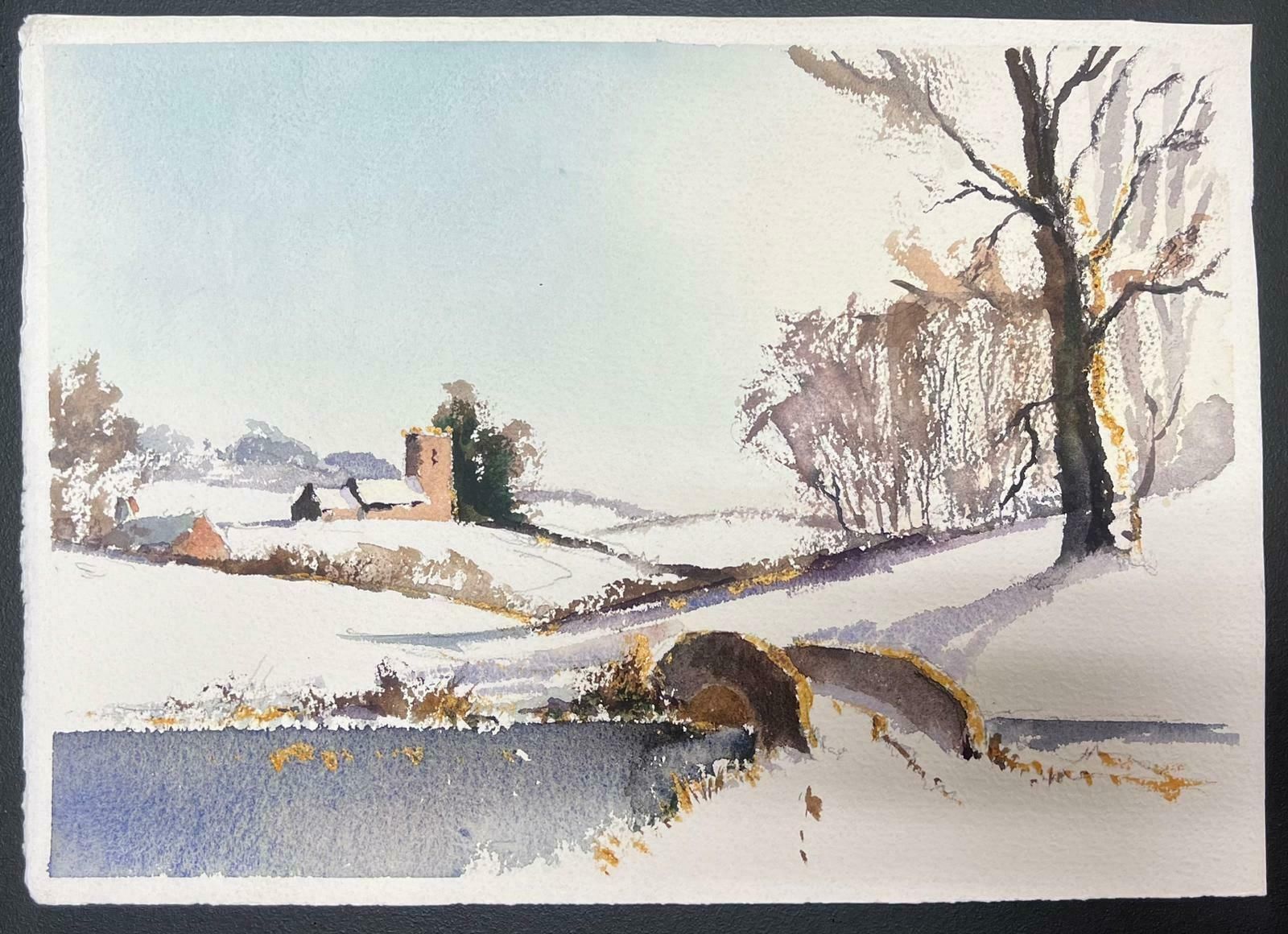 Anthony Averybritish Original Impressionist Watercolor Snow Covered Village Bridge Landscape photo furniture