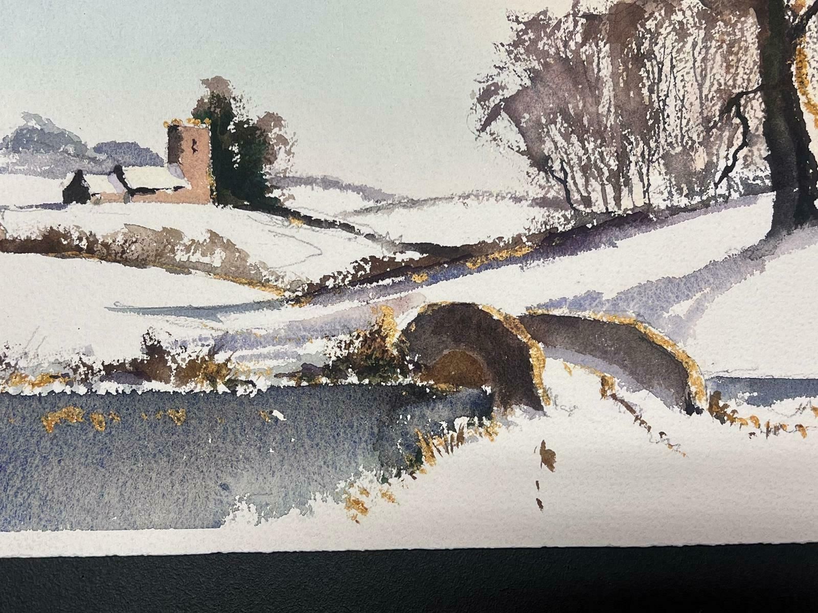 Anthony Averybritish Original Impressionist Watercolor Snow Covered Village Bridge Landscape photo for sale