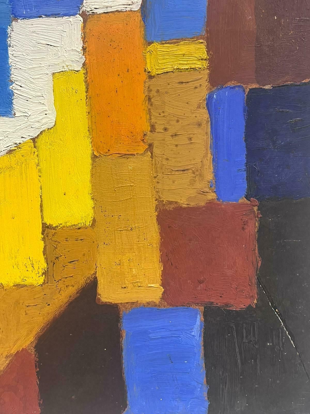 French School20th Century French Cubist Oil Painting Blues Oranges Yellow & Beige Cubes photo vinterior