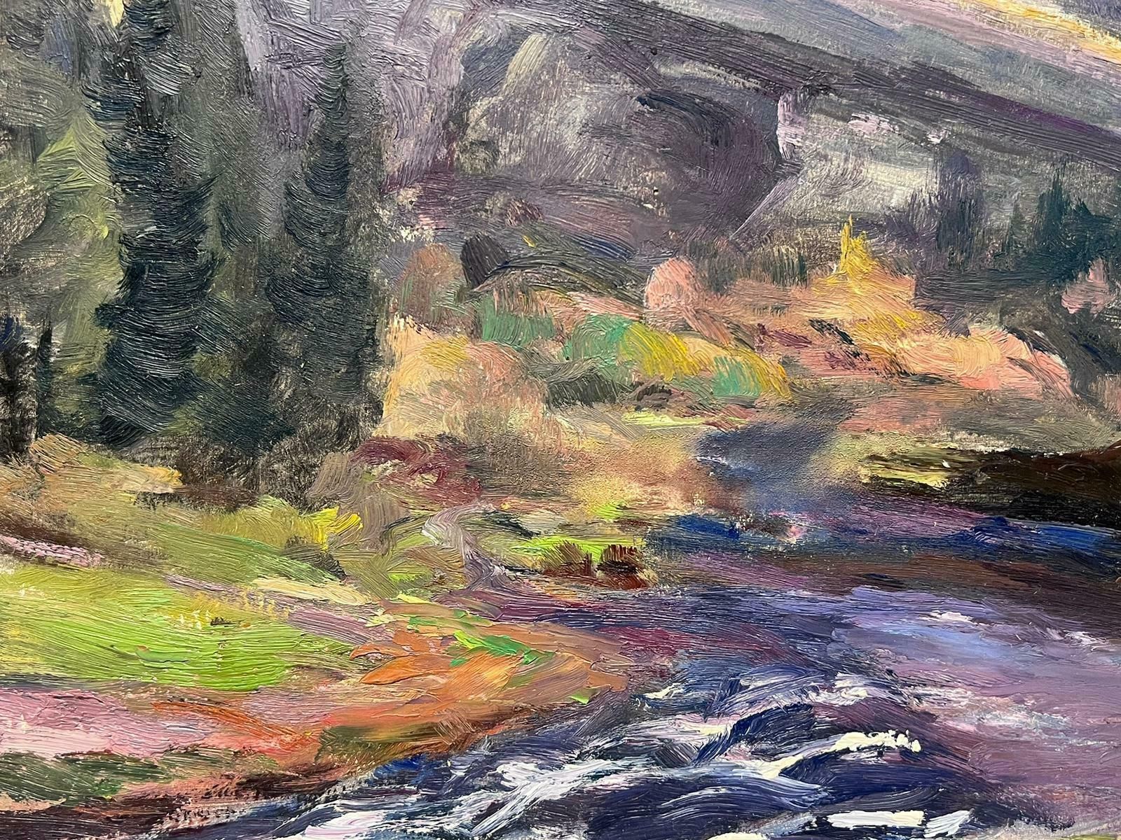 Leon Hatotvintage French Oil Painting Rocky Mountain Landscape With Purple Flowing River photo for sale