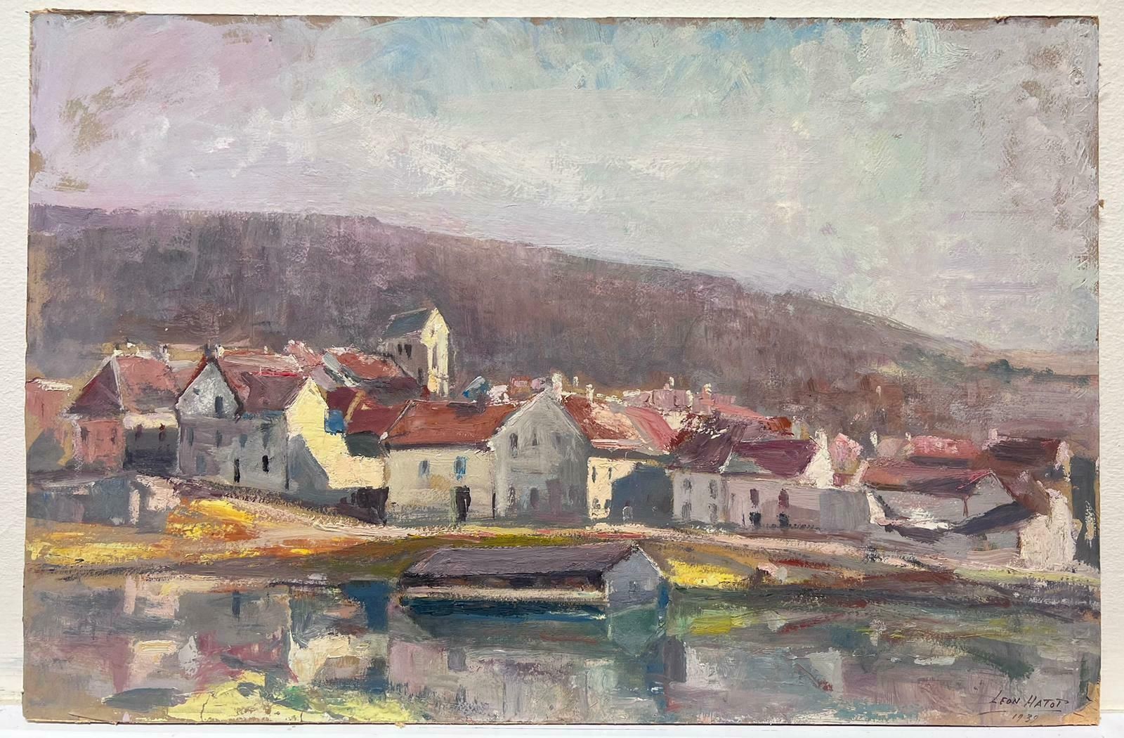 Leon Hatotvintage French Oil Painting Of A Grey Town Reflection Along The Lake photo furniture