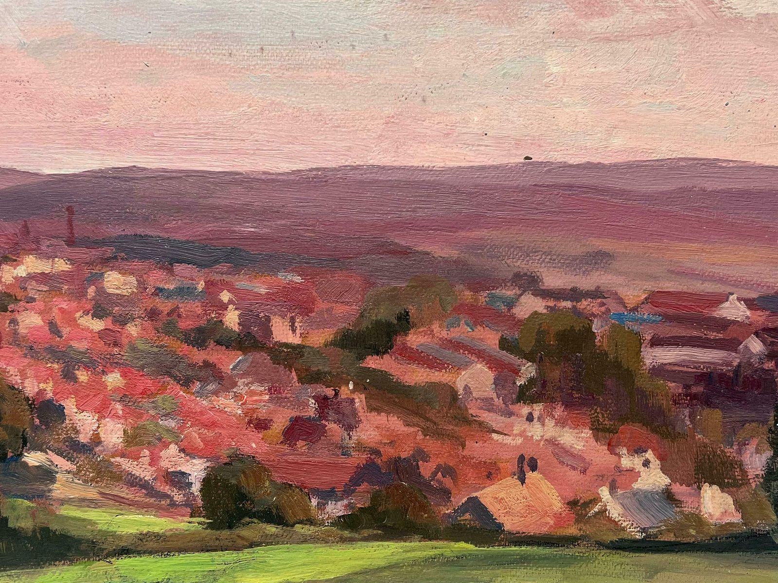 Leon Hatot1940's French Oil Painting Sunset View Over Old Rooftops Far Reaching Views photo furniture