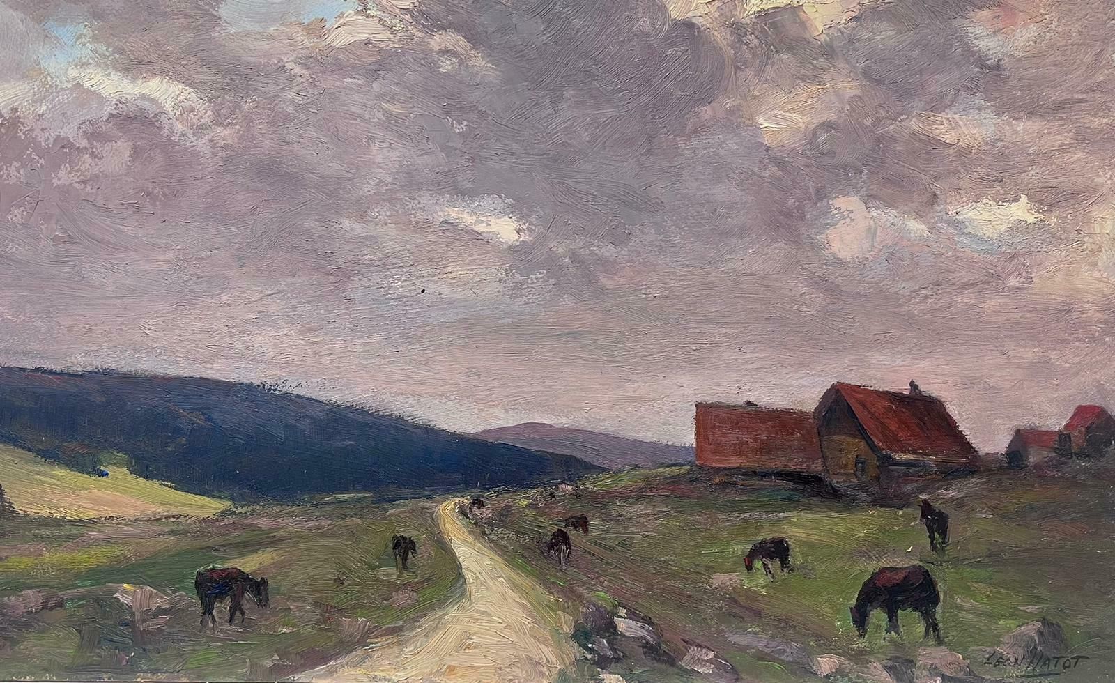 Leon Hatotvintage French Oil Painting Of Brown Horses In Open Field Path