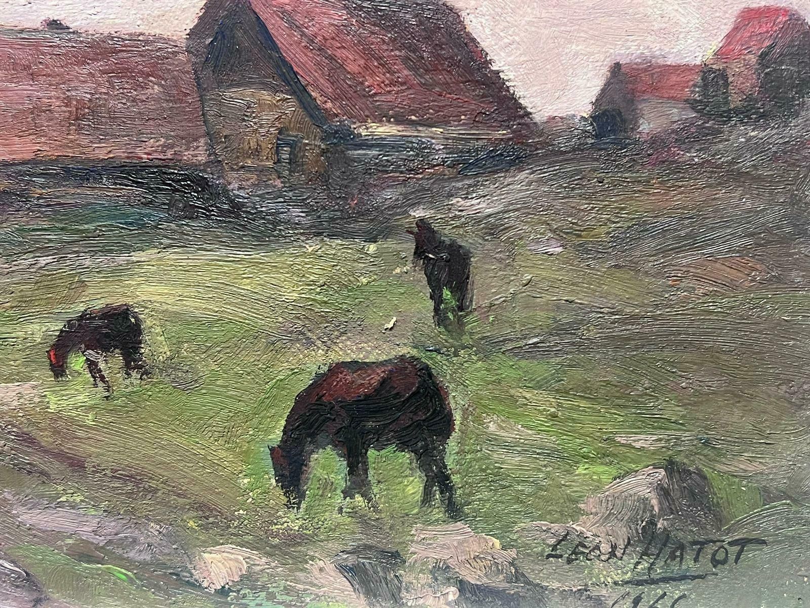 Leon Hatotvintage French Oil Painting Of Brown Horses In Open Field Path photo furniture
