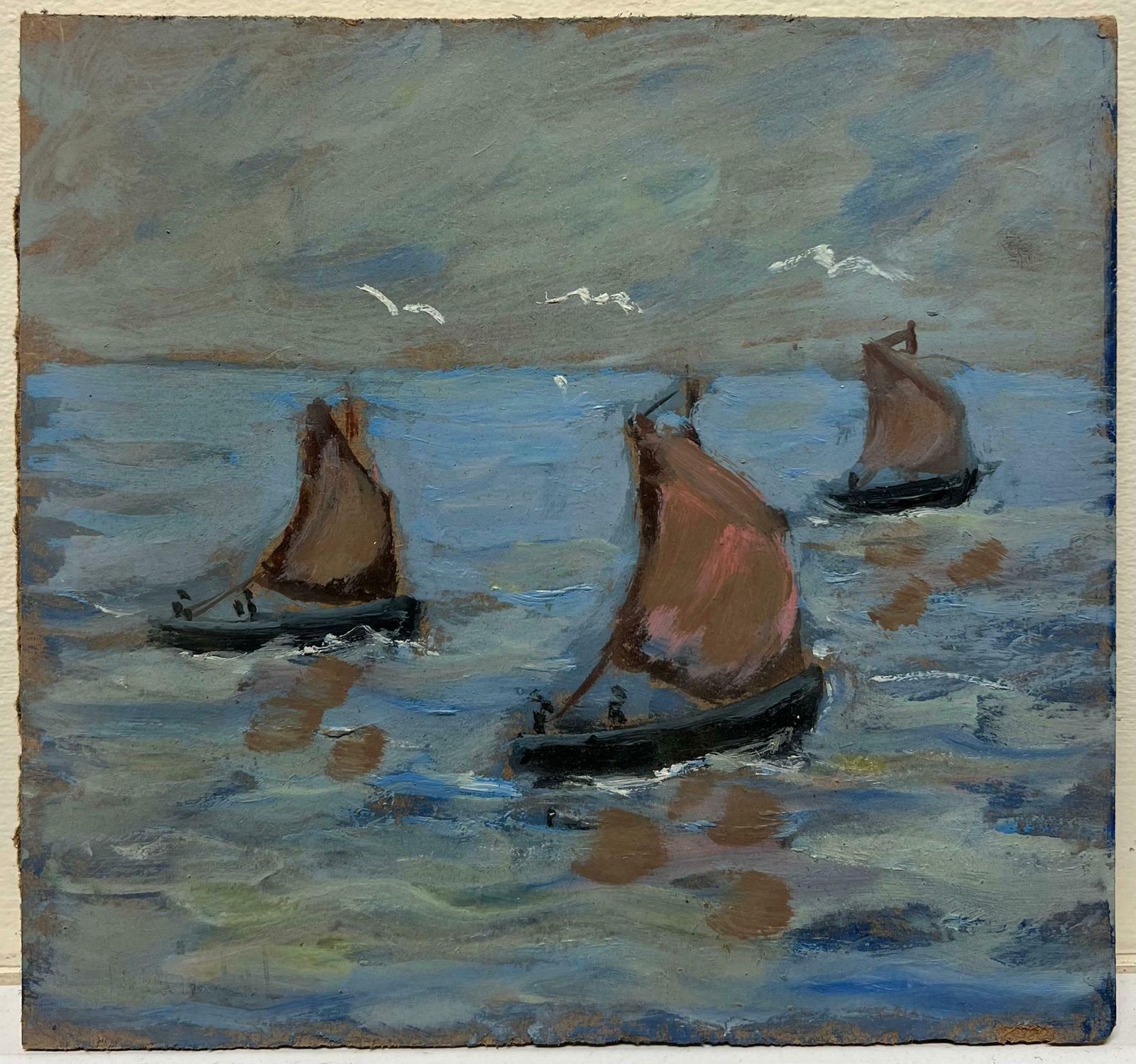 Fanch Lelchoppy Seascape With Red Sailboats And Seagulls French Oil Painting20th Century photo furniture